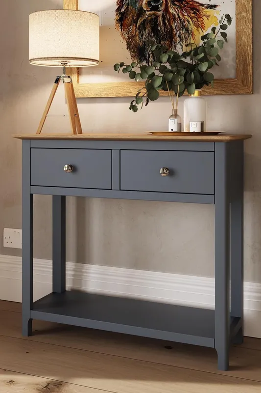 FWStyle 2 Drawer Console Table Graphite Blue Large Oak Top Painted Finish Blue