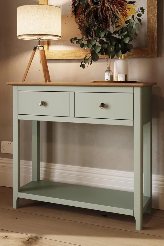 FWStyle 2 Drawer Console Table Sage Green Large Oak Top Painted Finish Green