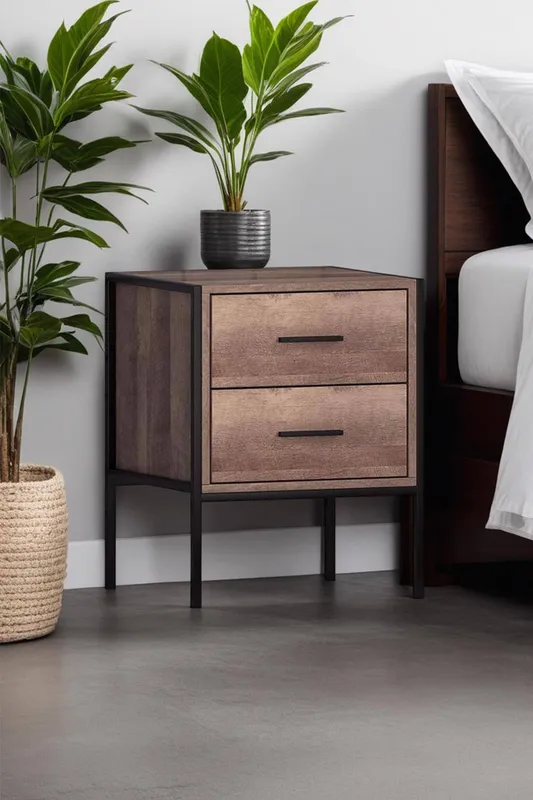FWStyle 2 Drawer Cracked Oak Effect Bedside Table Nightstand in Brown - Brown - Size: One Size