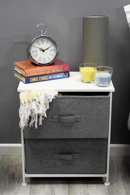 FWStyle 2 Drawer Linen Grey Bedside Storage Chest Grey
