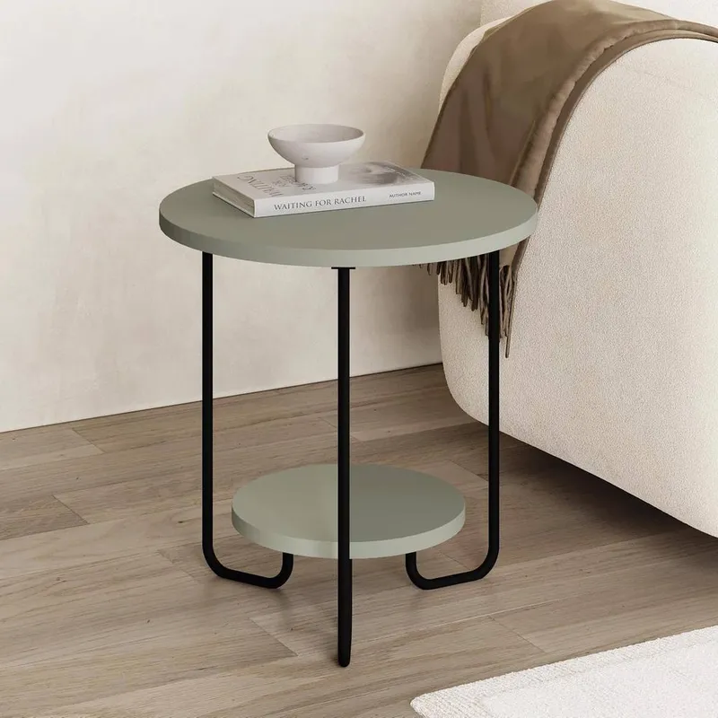 FWStyle 2 Tier Round Ash Green Side Lamp Table - Green