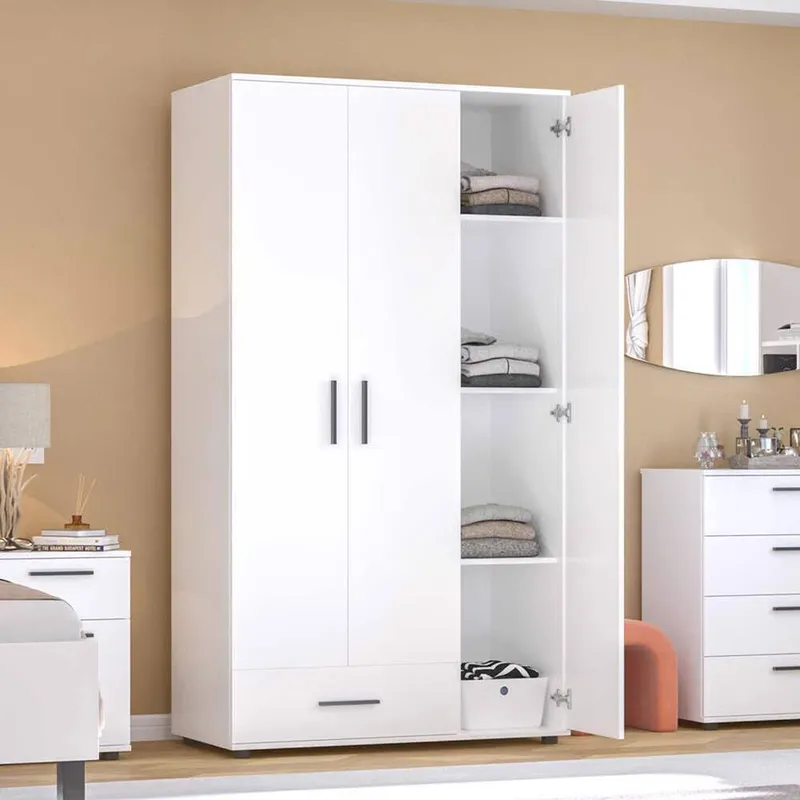 FWStyle 3 Door 1 Drawer Matt White Large Wardrobe - White