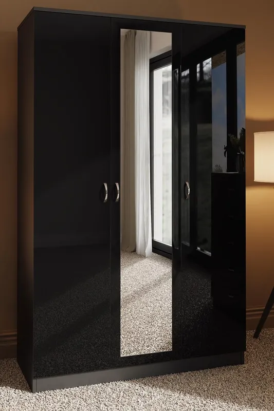 FWStyle 3 Door Triple Wardrobe Black Gloss Mirrored Door - Black - Size: One Size