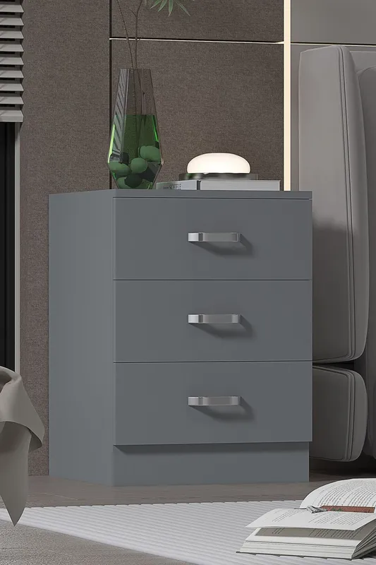 FWStyle 3 Drawer Bedside Table Chest Of Drawers Matt Grey Grey