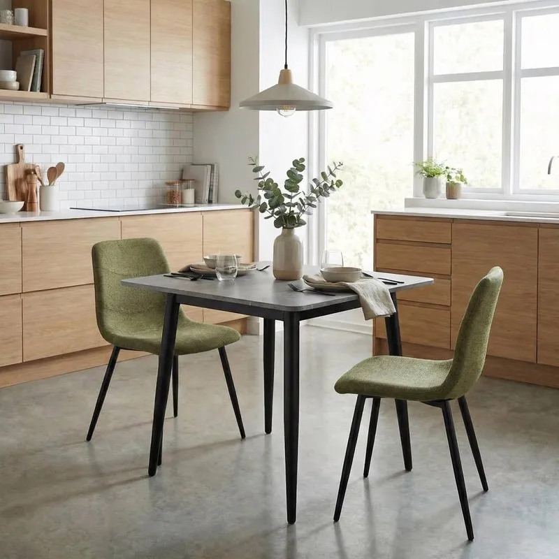 FWStyle 3 Piece Grey Marble Effect Square Dining Table & Green Chairs Set Green