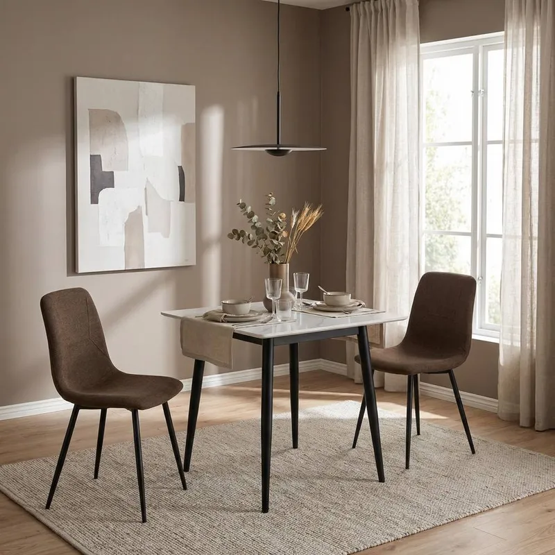 FWStyle 3PC Cream Marble Effect Square Dining Table & Dark Brown Chairs Set Brown