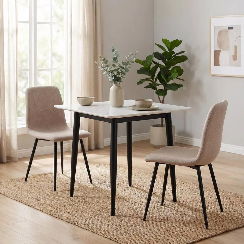 FWStyle 3PC Cream Marble Effect Square Dining Table & Light Brown Chairs Set Brown