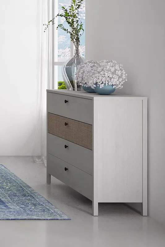 FWStyle 4 Drawer Chest Of Drawers Whitewash Oak & Linen Finish in White White