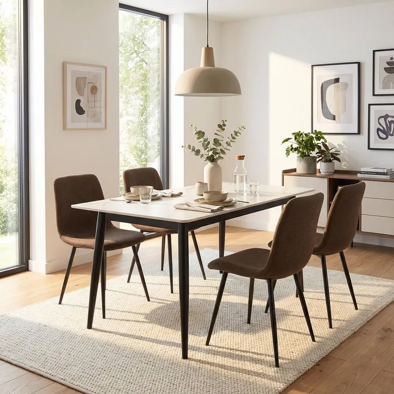 FWStyle 5 Piece Cream Marble Effect Dining Table & Dark Brown Chairs Set - Brown