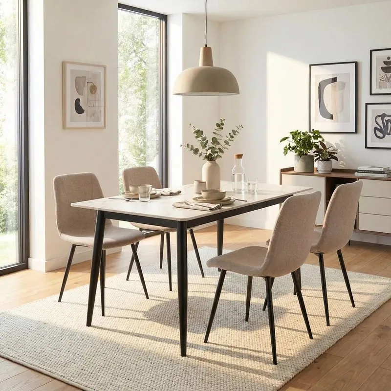 FWStyle 5 Piece Cream Marble Effect Dining Table & Light Brown Chairs Set - Brown