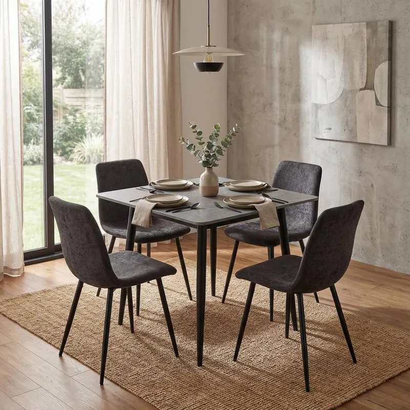 FWStyle 5 Piece Grey Marble Effect Square Dining Table & Grey Chairs Set Grey