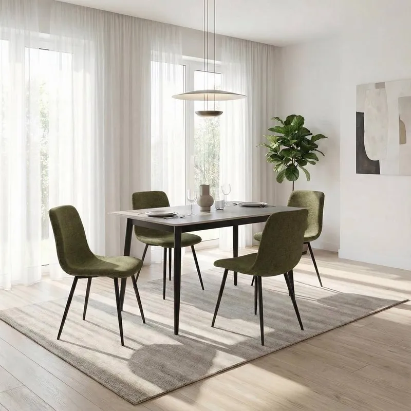 FWStyle 5 Piece Grey Marble Effect Stone Dining Table & Green Chairs Set - Green