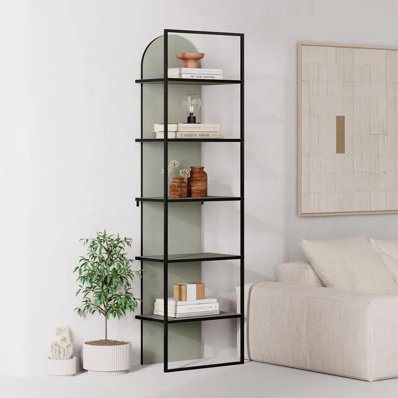 FWStyle 5 Tier Modern Arched Ash Green Bookcase Shelving Unit Green