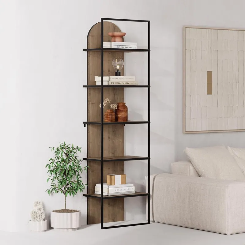 FWStyle 5 Tier Modern Arched Dark Oak Bookcase Shelving Unit in Brown - Brown