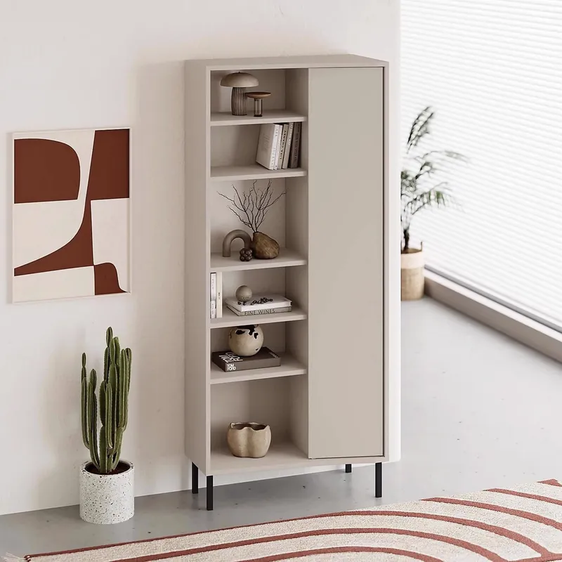 FWStyle 5 Tier Sandstone Curved Bookshelf Storage Unit in Beige Beige