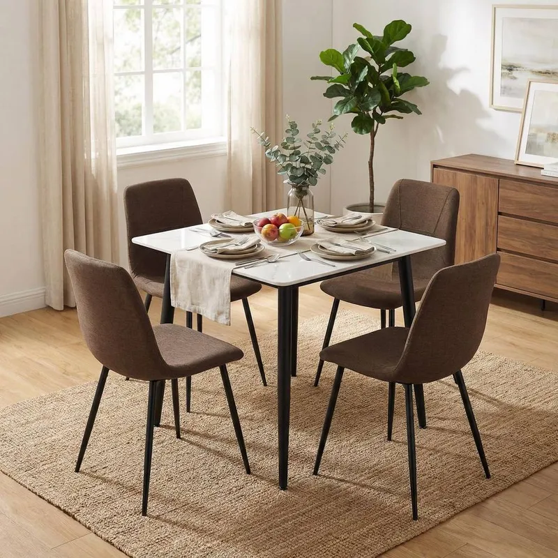 FWStyle Unisex 5PC Cream Marble Effect Square Dining Table & Dark Brown Chairs Set Brown female