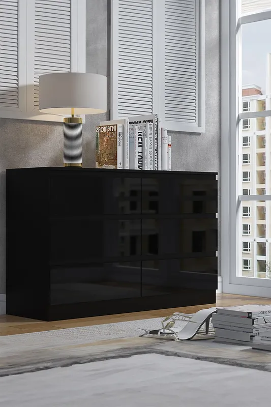 FWStyle 6 Drawer High Gloss Black Chest Of Drawers - Stora Black