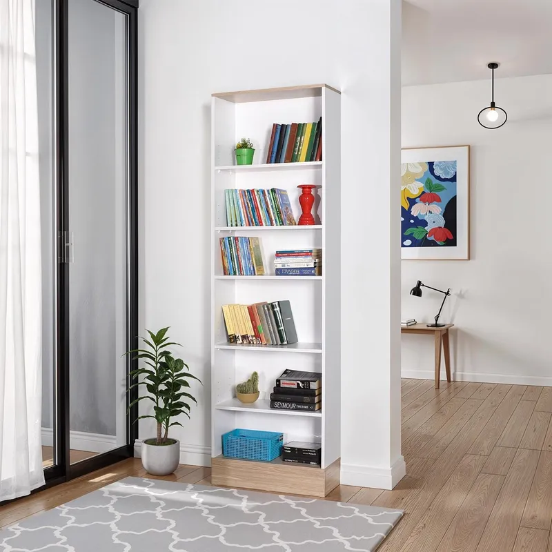 FWStyle 6 Tier Bookcase Two Tone White & Oak Effect White