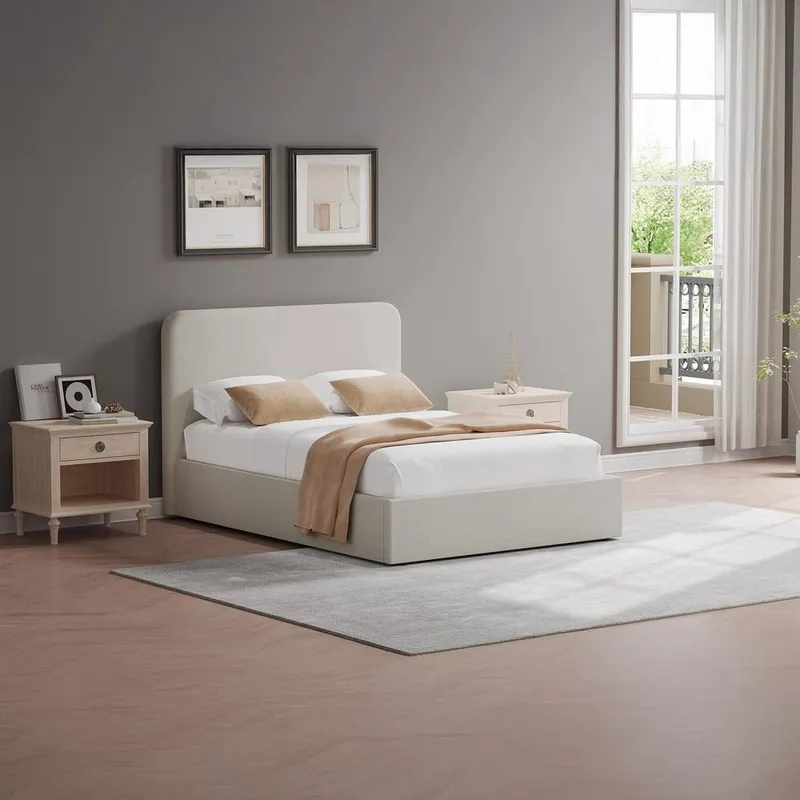 FWStyle Beige Upholstered Small Double Ottoman Lift Up Storage Bedframe - Beige