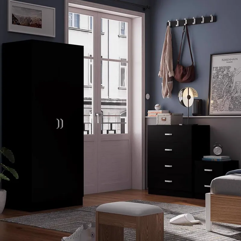 FWStyle Black 3 Piece Bedroom Furniture Set Bedside, Wardrobe, 4 Drawer Chest - Black