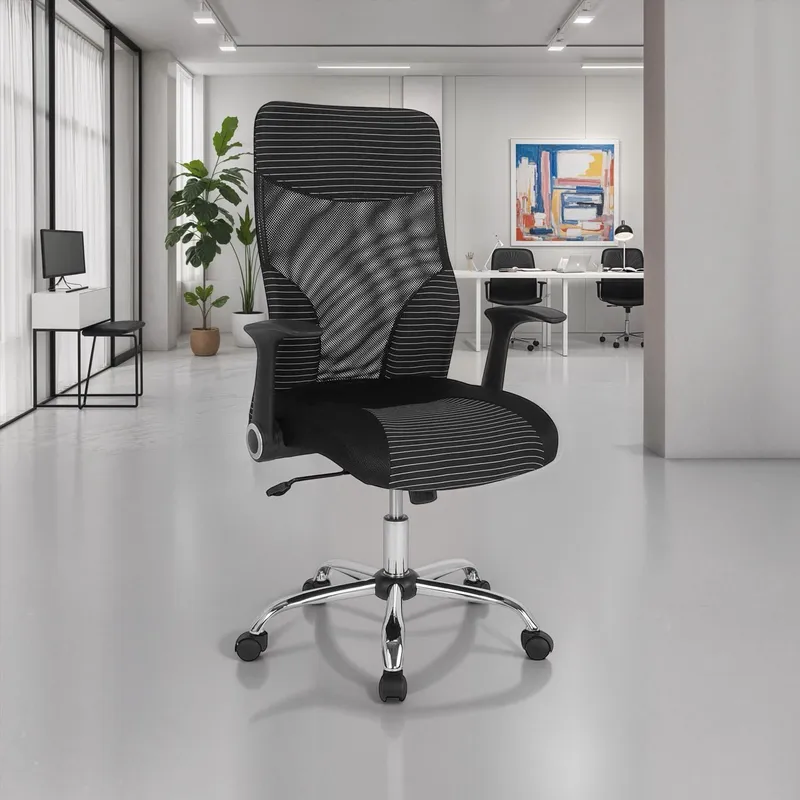 FWStyle Black Mesh Striped Ergonomic High Back Stylish Office Chair - Black