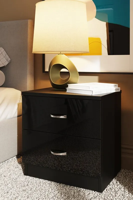 FWStyle Chilton 2 Drawer Bedside Table Chest Black Gloss (H) 46 (W) 45 (D) 40cm - Black
