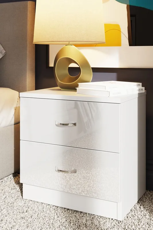 FWStyle Chilton 2 Drawer Bedside Table Chest White Gloss (H) 46 (W) 45 (D) 40cm White