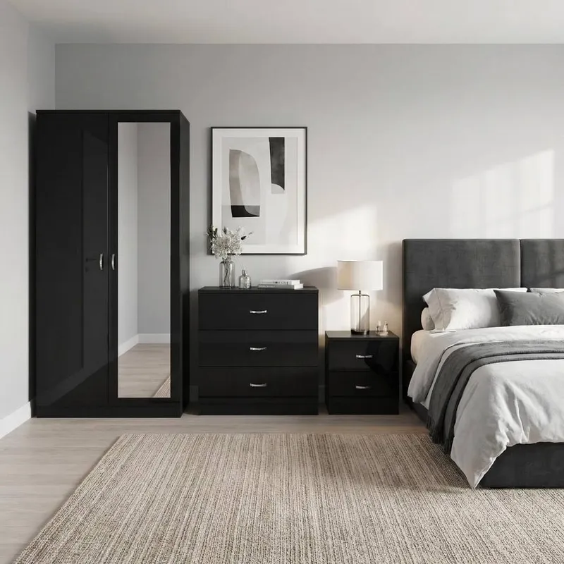 FWStyle Chilton 3 Piece Black Gloss Complete Bedroom Storage Furniture Set Black