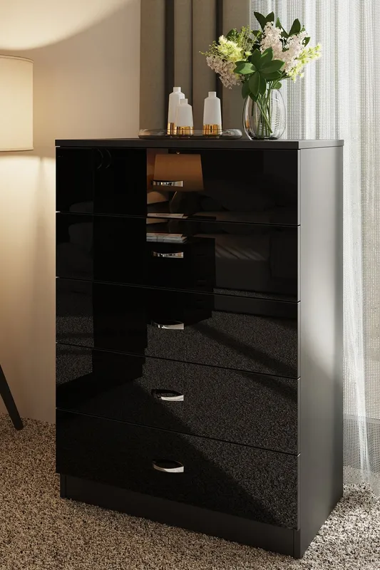 FWStyle Chilton Black Gloss 5 Drawer Chest (H) 100cm (W) 70cm (D) 40cm Black