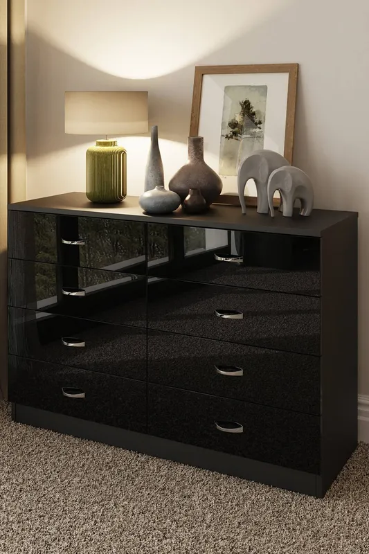 FWStyle Chilton Black Gloss 8 Drawer Chest (H) 77cm (W) 114cm (D) 40cm - Black