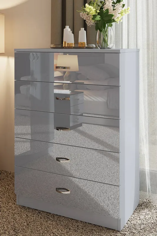 FWStyle Unisex Chilton Grey Gloss 5 Drawer Chest (H) 100cm (W) 70cm (D) 40cm Grey female