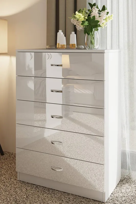 FWStyle Chilton White Gloss 5 Drawer Chest (H) 100cm (W) 70cm (D) 40cm - White