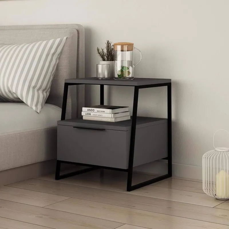 FWStyle Dark Grey 1 Door Bedside Table Nightstand Black Metal Grey