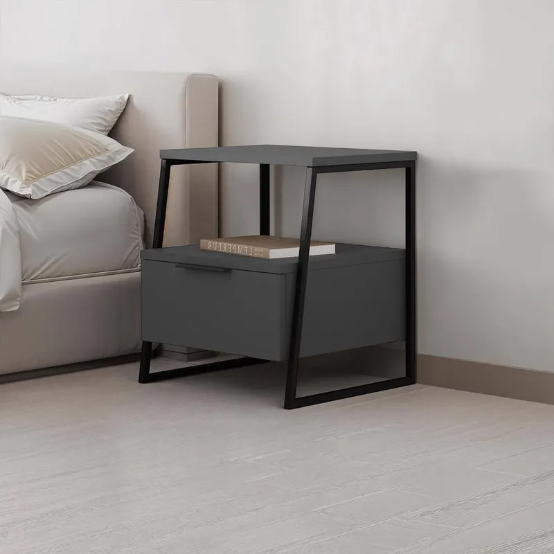FWStyle Dark Grey 1 Drawer Bedside Table Nightstand Black Metal Grey