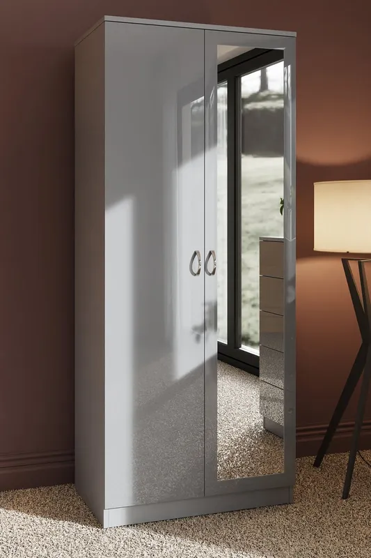 FWStyle High Gloss Grey 2 Door Mirrored Double Wardrobe - Grey