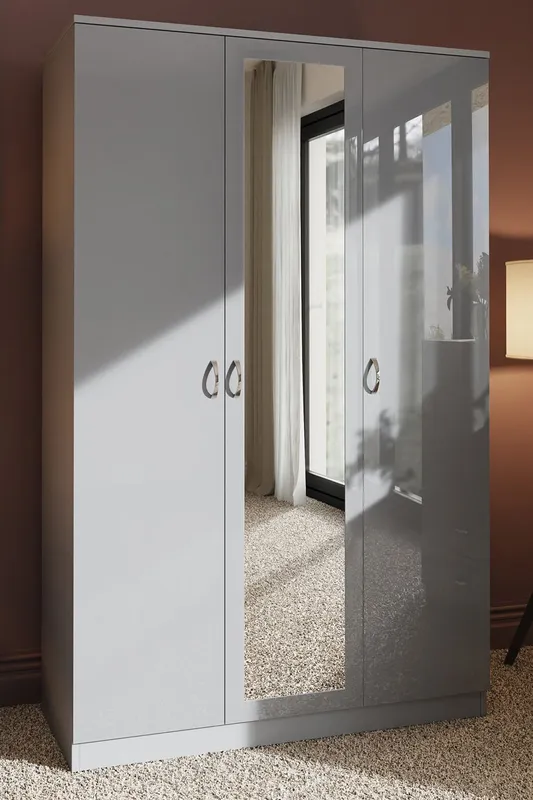 FWStyle High Gloss Grey 3 Door Mirrored Triple Wardrobe - Grey