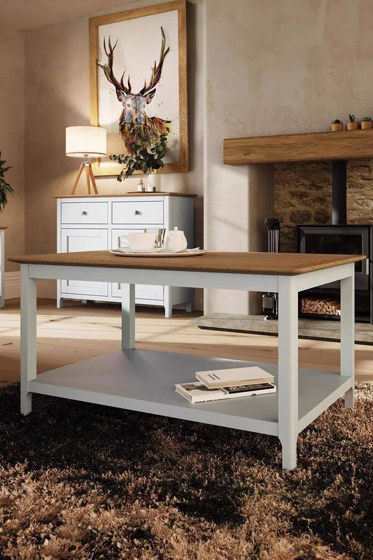 FWStyle Large Painted Oak Storage Coffee Table Cream Linen - Cream