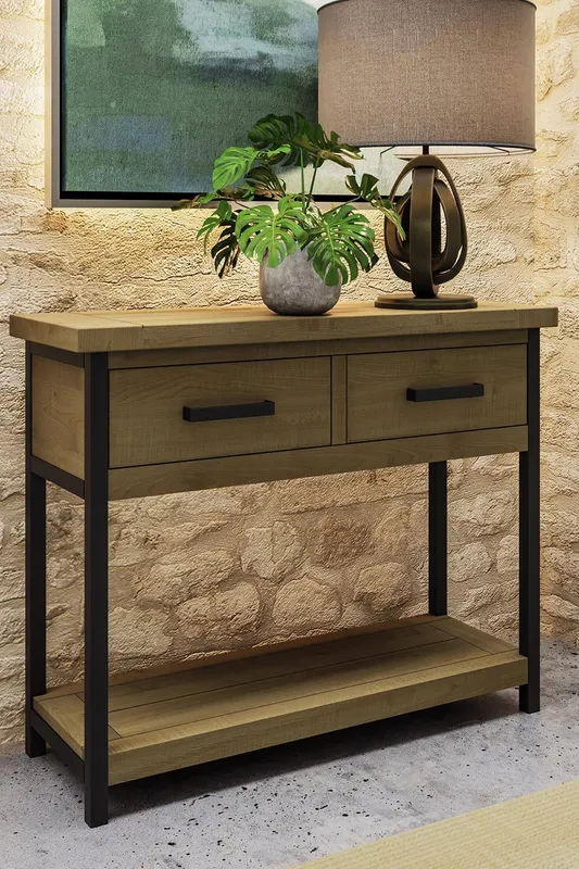 FWStyle Lowry 2 Drawer Solid Pine Hallway Console Table (H) 80 (W) 100 (D) 35cm in Brown - Brown