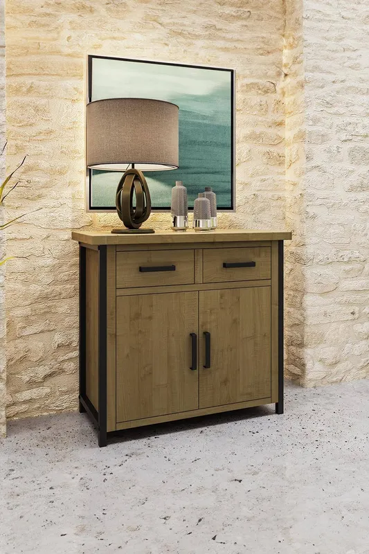 FWStyle Lowry Solid Pine 2 Drawer 2 Door Sideboard (H) 90 (W) 100 (D) 45cm in Brown Brown