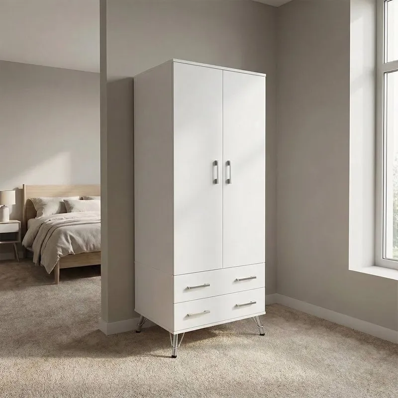 FWStyle Maldon 2 Door Double Wardrobe With 2 Drawers Matt White White