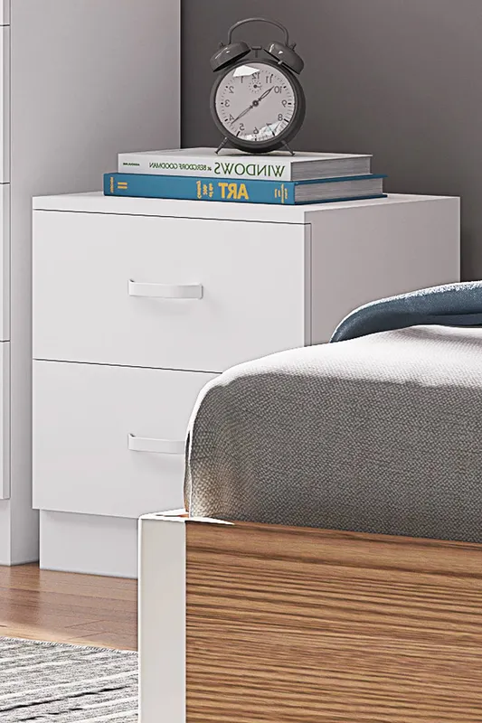 FWStyle Matt White 2 Drawer Bedside Table White