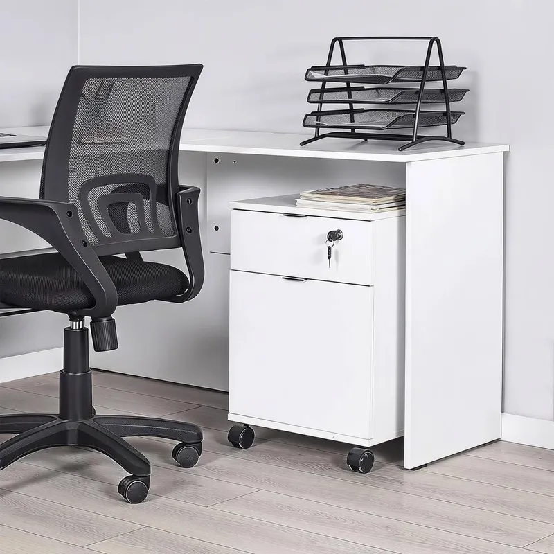 FWStyle Matt White Lockable 1 Drawer 1 Door Mobile Office Cabinet Cupboard White
