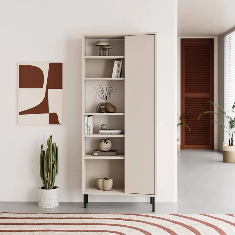 FWStyle Modern 5 Tier Curved Sandstone Bookshelf Storage Unit in Beige - Beige - Size: One Size