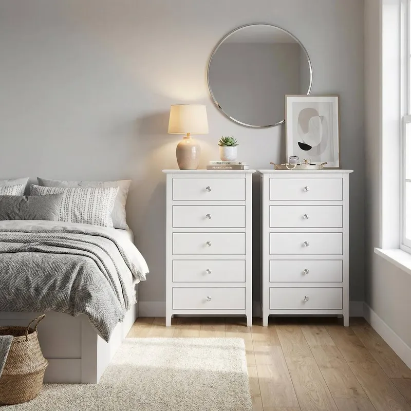 FWStyle Pair Of White Palma 5 Drawer Chest Of Drawers Ready Assembled White