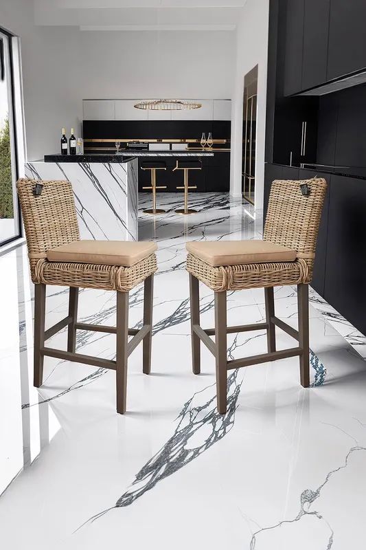 FWStyle Set Of 2 Grey Wash Solid Pine Rattan Bar Chairs - Grey - Size: One Size
