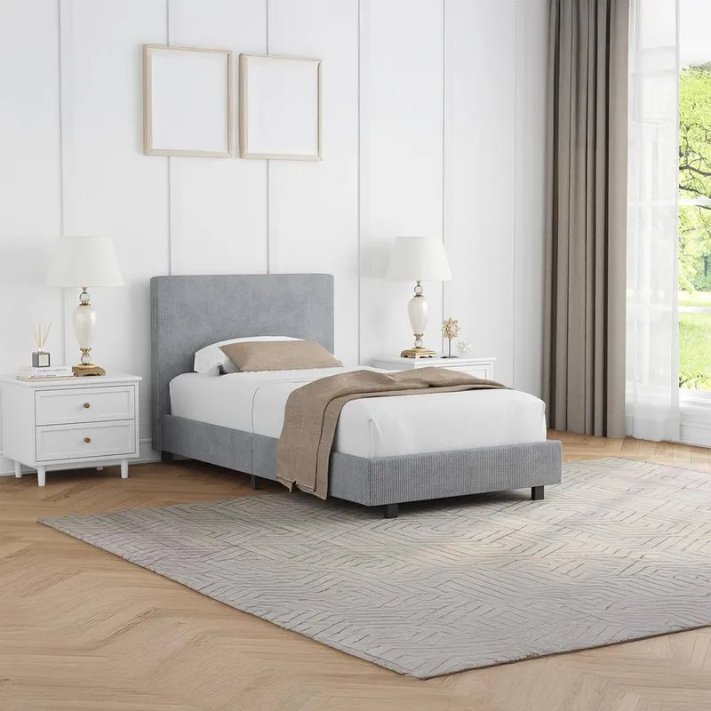 FWStyle Single Grey Linen Ribbed Upholstered Fabric Bed Frame Grey Single