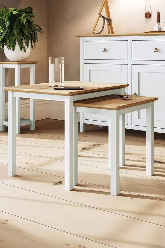 FWStyle Solid Oak Nest Of 2 Tables Cream Linen Ready Assembled Cream