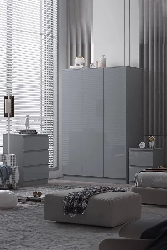 FWStyle Stora 3 Door Triple Wardrobe Large High Gloss Grey Grey