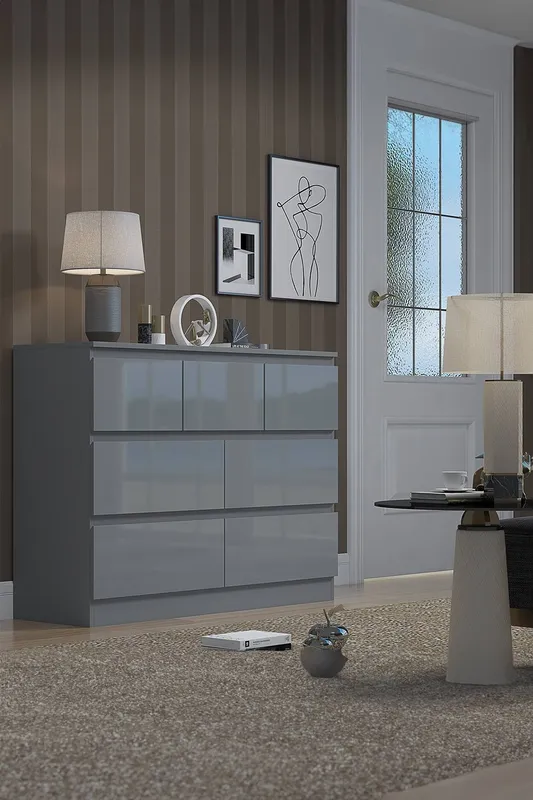 FWStyle Stora 7 Drawer Merchant Chest High Gloss Grey Chest Of Drawers - Grey