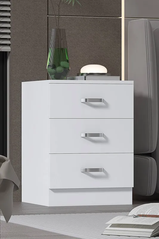 FWStyle Tunis 3 Drawer Chest Of Drawers Bedside - Matt White - White